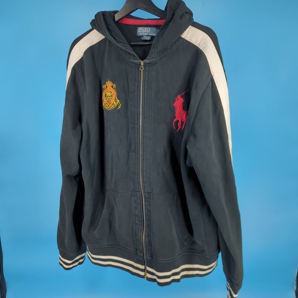 Polo Ralph Lauren Hoodie Mens XXL Big Pony Crest Full Zip Black Striped *READ*